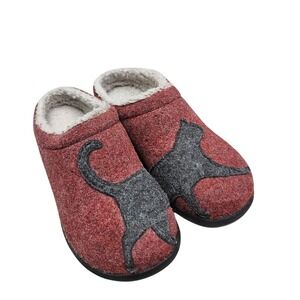L.L. Bean Daybreak Scuff Slippers Womens 6 Red Wool Cat Graphic Cozy House Shoes